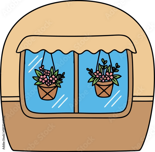 Cute Cartoon Camper Window with Hanging Flower Pots and Blue Glass Illustration