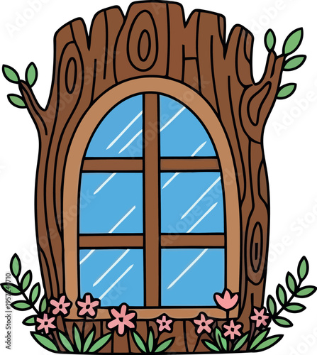 Cartoon Tree Trunk Window with Blue Glass and Floral Decor for Fairy Tale or Fantasy Illustration