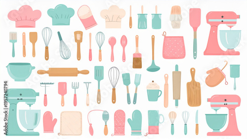 Baking Tools and Accessories Flat Icon Set with Chef Hat and Whisk
