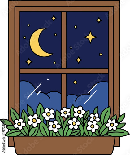 Night window illustration with crescent moon, stars, and white flowers in a planter box