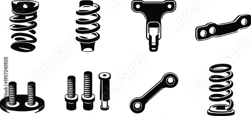 Mechanical hardware parts set springs bolts fasteners silhouette icons vector