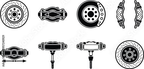 Automotive brake system parts disc caliper pad icon set vector