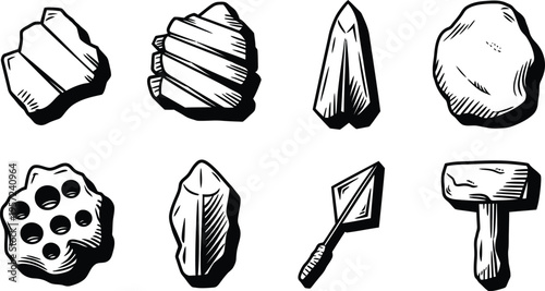 Prehistoric stone age tools and primitive weapons line art set vector illustration