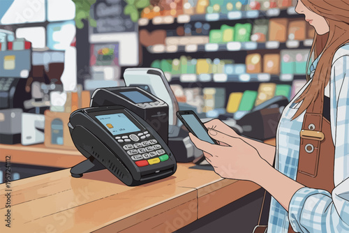 Young adult using smartphone to make a payment at counter in a store during the daytime