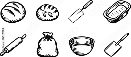 Hand Drawn Bakery Icons Set Bread and Baking Tools Vector Sketch