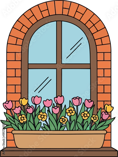 Картината върху платно Colorful flower box with tulips and pansies on arched brick window, spring home