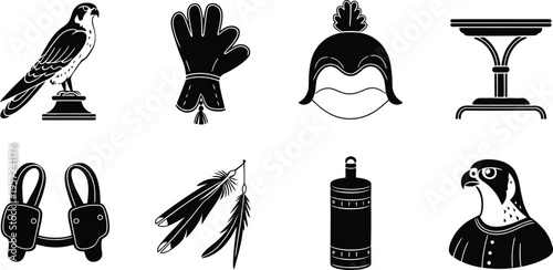 Falconry equipment and bird silhouette icon set vector