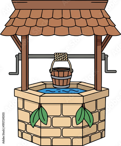 Cartoon illustration of a stone water well with wooden roof and bucket for rural and fairytale design