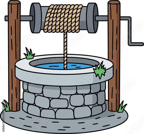 Cartoon stone water well with rope and crank handle isolated on white background vector illustration