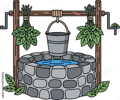 Rustic Stone Water Well with Bucket and Greenery Isolated Vector Illustration