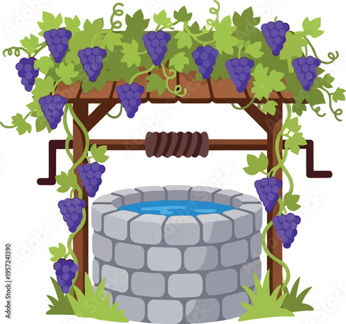 Rustic stone water well with grapevine and purple grapes, vintage countryside illustration