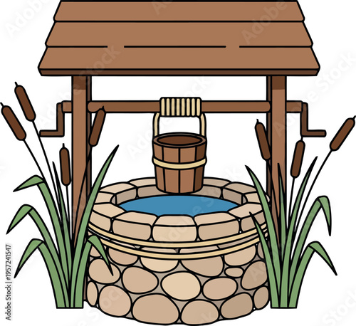 Rustic Stone Water Well with Wooden Roof and Bucket Illustration for Rural and Farm Design