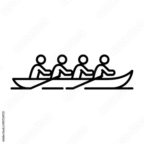 Vector of four people rowing together in a long canoe on calm water