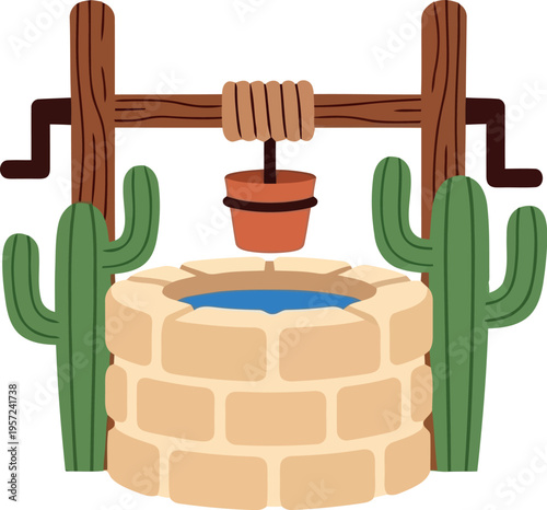 Rustic Stone Water Well with Bucket and Cactus in Desert Cartoon Vector Illustration
