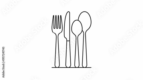 Simple continuous line drawing of a complete cutlery set including a fork, knife, and two different sized spoons.