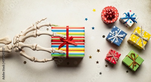 A skeleton hand holds a colorful gift box surrounded by presents