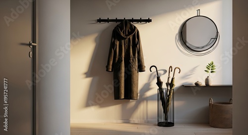 A modern entryway with a coat hanging on a rack and umbrellas in a stand