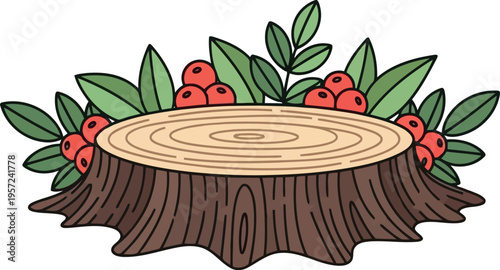 Cartoon Tree Stump with Leaves and Red Berries Isolated on White Background Vector Illustration