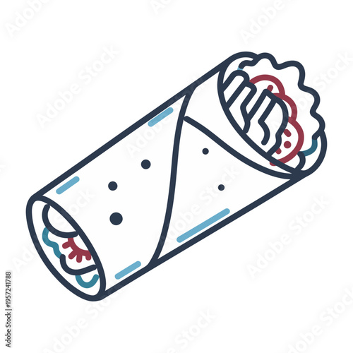 Vector of a freshly wrapped burrito with lettuce and tomatoes