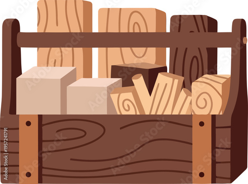 Wooden crate filled with assorted lumber planks and blocks isolated on white background vector illustration