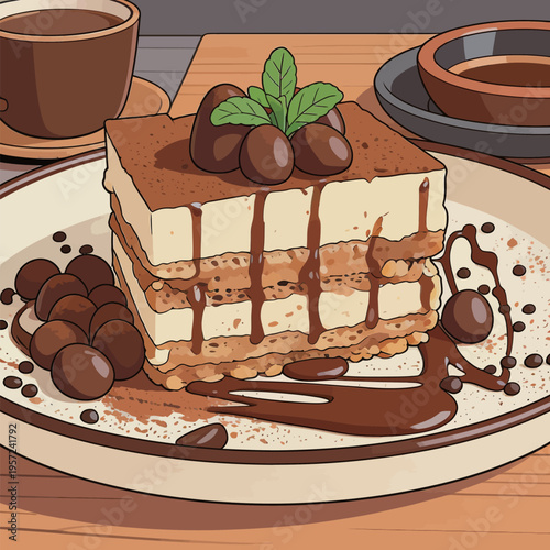 Dessert served on a plate with coffee and decorative items in a cafe during afternoon hours