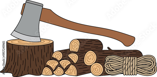 Vector illustration of axe, firewood, and rope for camping, survival, and outdoor activities