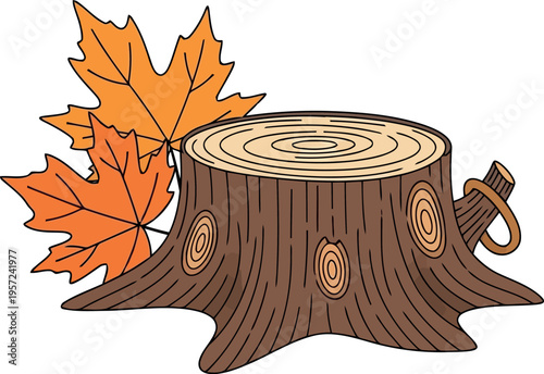 Autumn Tree Stump with Colorful Maple Leaves Vector Illustration for Seasonal Design