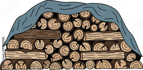 Stacked Firewood Logs Covered with Tarp Vector Illustration for Winter and Camping Use