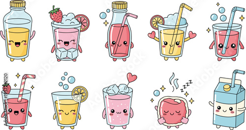 Cute Cartoon Juice Drink Characters Vector Set with Kawaii Fruit Beverages, Bottles, Glasses, Smoothies, Funny Faces for Stickers, Kids Design, Branding, Packaging, and Social Media Illustrations