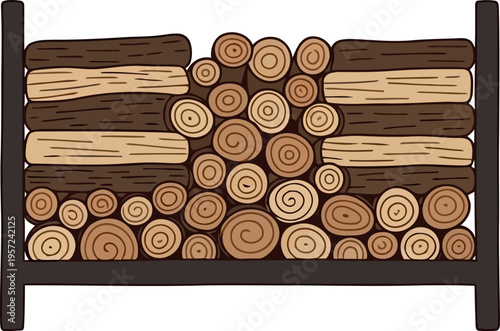 Stacked firewood logs in rack isolated on white background, hand drawn vector illustration