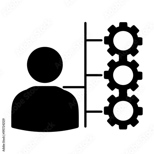 Vector silhouette of a person controlling three gears through a mechanical interface