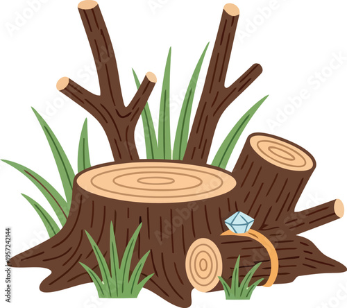Cartoon tree stumps with grass and diamond ring illustration for nature and engagement concepts