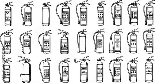 Vintage Hand Drawn Fire Extinguishers Set. Collection of Various Types of Firefighting Equipment Icons, Showing Different Labels and Safety Symbols.