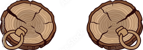 Cartoon Wooden Door Knockers with Metal Rings Isolated on White Background Vector Illustration