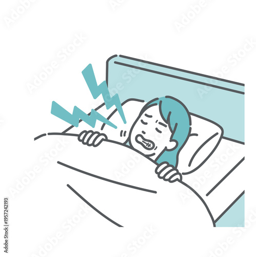 ベッドで歯ぎしり（食いしばり）をして眠る女性のイラスト（睡眠障害・美容トラブル）