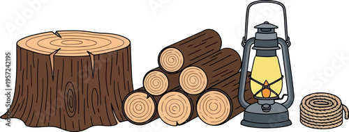 Rustic camping supplies illustration with firewood, lantern, rope, and tree stump in vector style