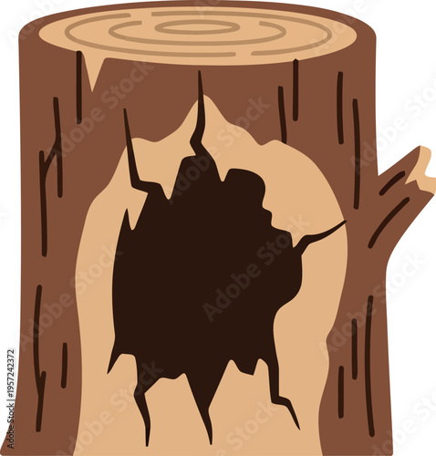 Vector illustration of hollow tree stump with rough bark and natural wood texture for forest or nature design
