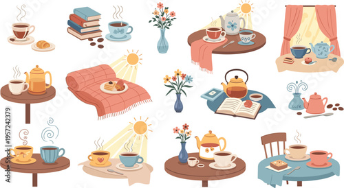 Cozy Coffee and Tea Lifestyle Vector Illustration Set Featuring Cups, Books, Flowers, Sunlight Scenes, Home Interior Elements for Relaxation, Cafe Atmosphere, and Hygge Inspired Designs