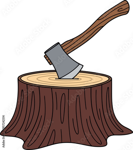 Cartoon Axe Embedded in Tree Stump Isolated on White Background for Lumberjack and Forestry Concepts