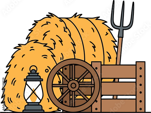 Farm Equipment and Hay Bales Vector Illustration for Agriculture and Rural Design