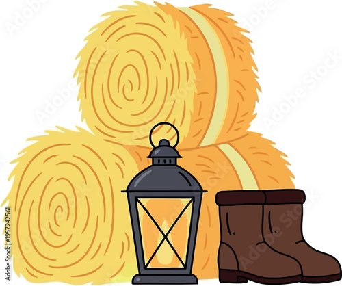 Rustic autumn farm scene with hay bales, lantern, and boots illustration for seasonal decor