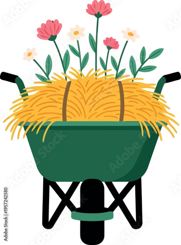 Vector illustration of green wheelbarrow filled with hay and blooming flowers for spring gardening