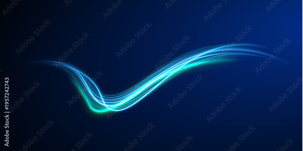 Obraz premium Bright streaks of light curve in space. Smooth motion lines form dynamic patterns. Energy glow suggests speed and motion.