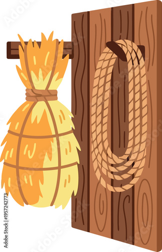 Rustic Wooden Barn Wall with Hanging Rope and Hay Bundle Vector Illustration