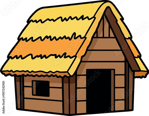 Cartoon Wooden Hut with Thatched Roof Isolated on White Background Vector Illustration