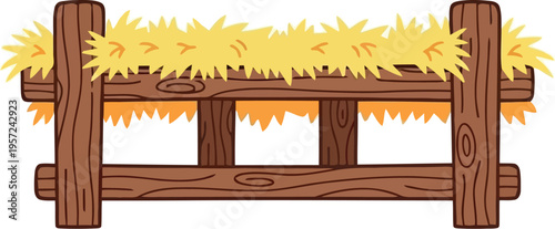 Cartoon Wooden Hay Feeder with Straw for Farm Animal Barnyard and Agriculture Design