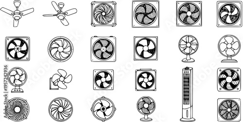 Collection of various fan icons, including ceiling, desk, tower, and computer fans for cooling and ventilation systems in outline vector style.
