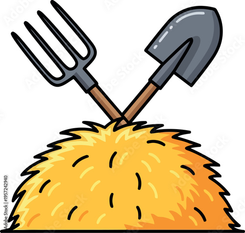 Cartoon haystack with pitchfork and shovel for farm and agriculture concepts