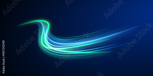 Glowing lines twist into a vortex tunnel. Light particles shimmer along motion curves. Futuristic effect suggests speed and depth.