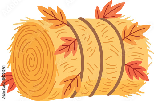 Autumn Hay Bale with Fall Leaves Isolated on White Background Vector Illustration